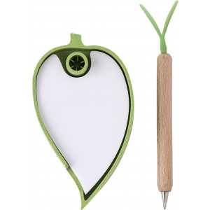 Levélke alakú jegyzettömb tollal, zöld (öntapadó jelölőlapok)